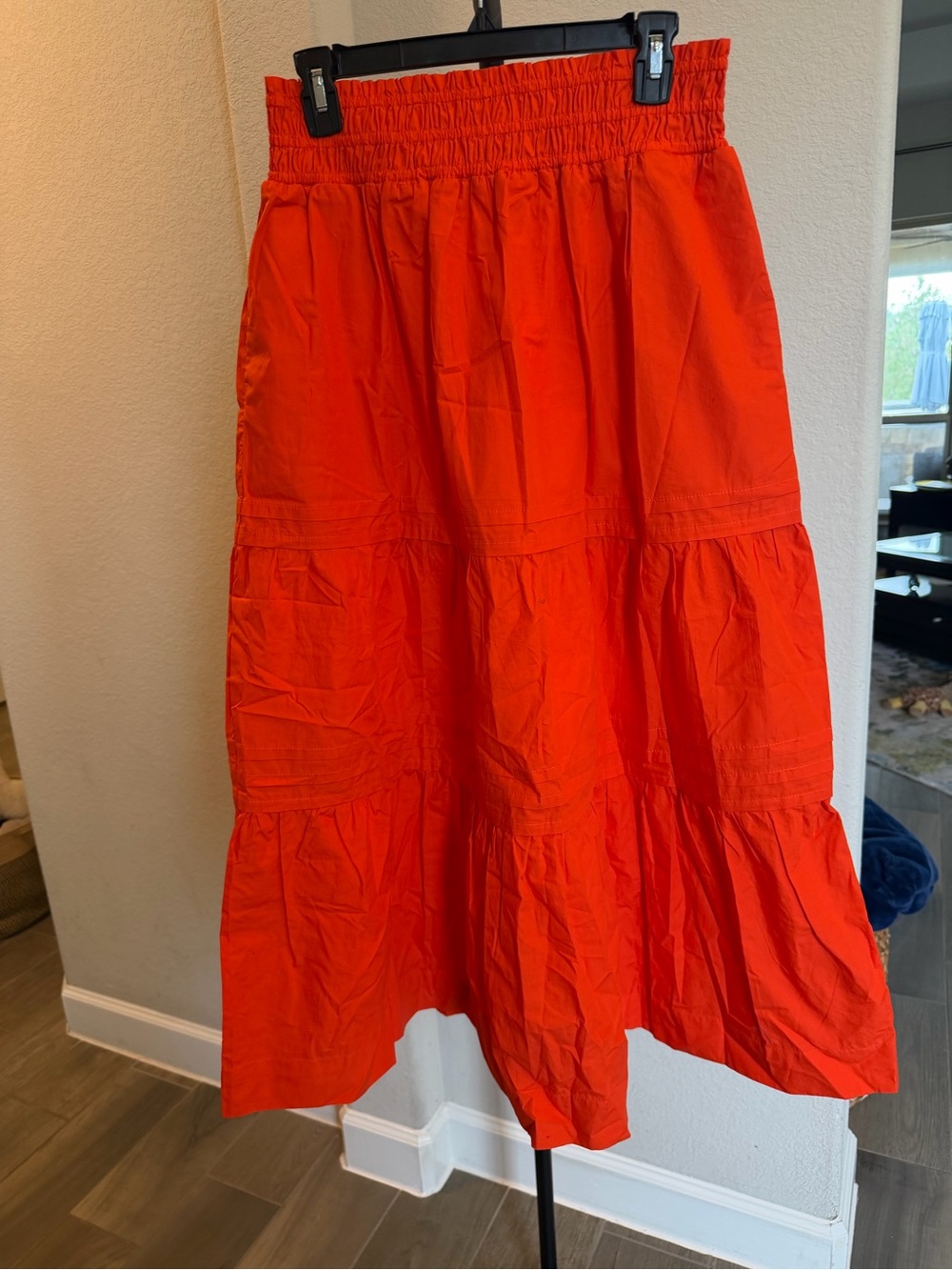 Quince 100% Organic Cotton Poplin Tiered Maxi Skirt Vermillion Orange Red L